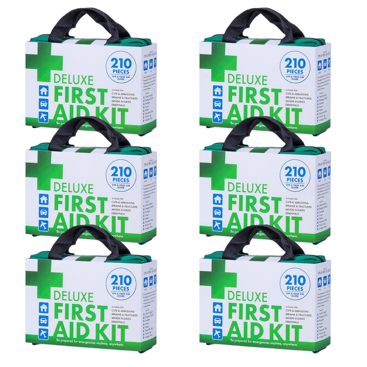 Six first aid kits labeled 'Deluxe First Aid Kit 210 PCS', each kit is in a green and white box with visible medical supplies inside.