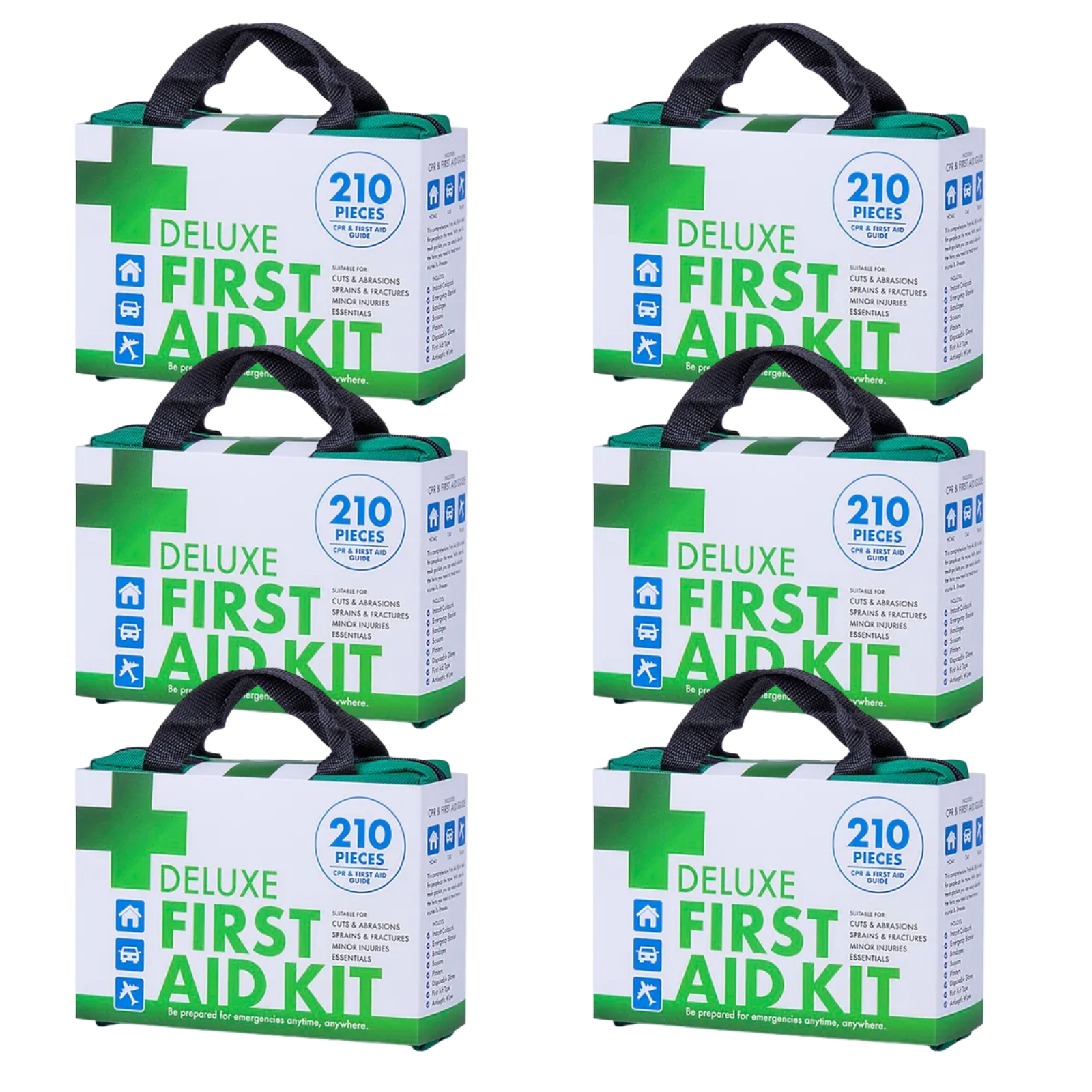 Six first aid kits labeled 'Deluxe First Aid Kit 210 PCS', each kit is in a green and white box with visible medical supplies inside.