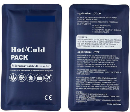 A reusable first aid ice heat gel pack with instructions and caution labels, microwaveable and blue in color.
