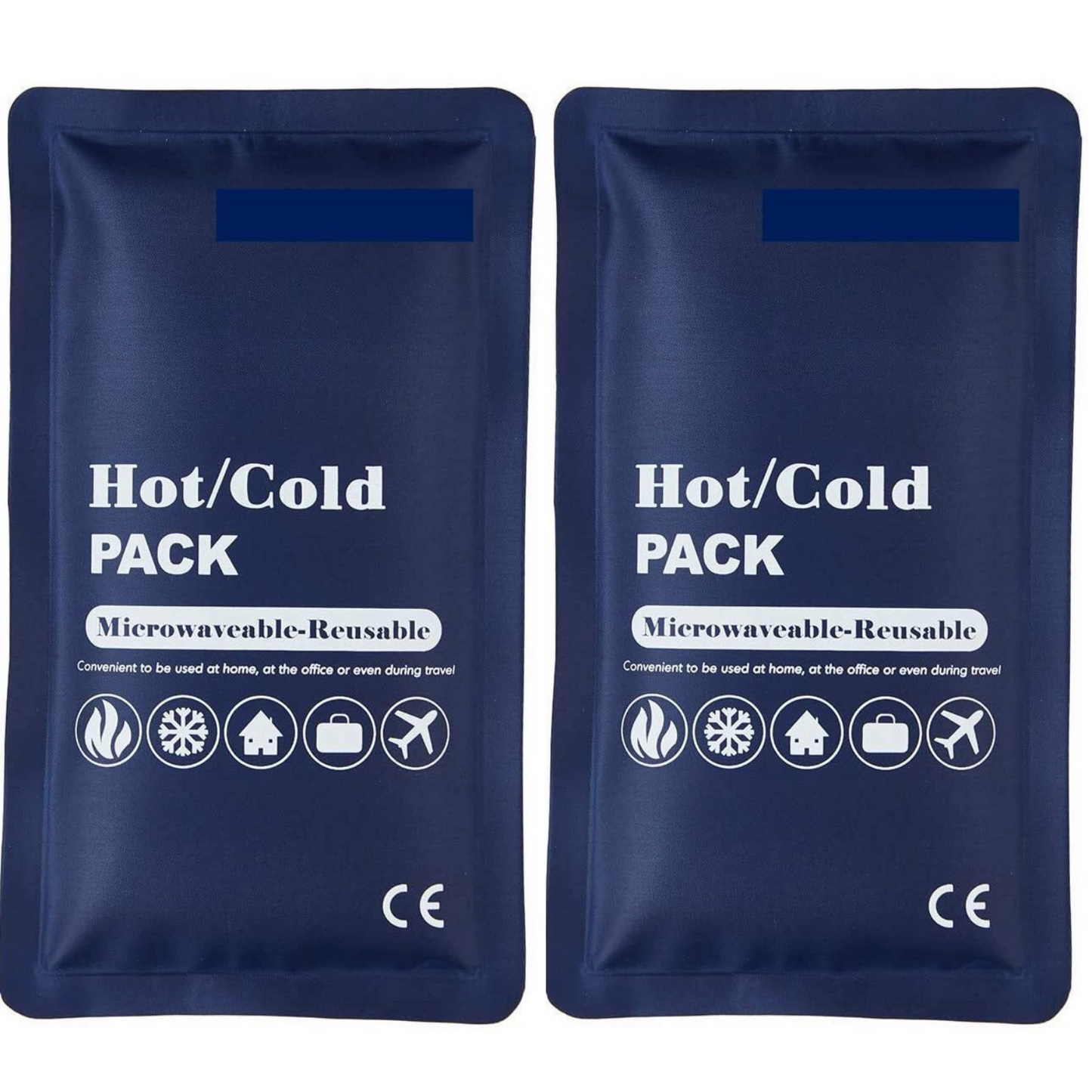 Two blue hot/cold packs with text and icons indicating they are reusable and microwaveable.
