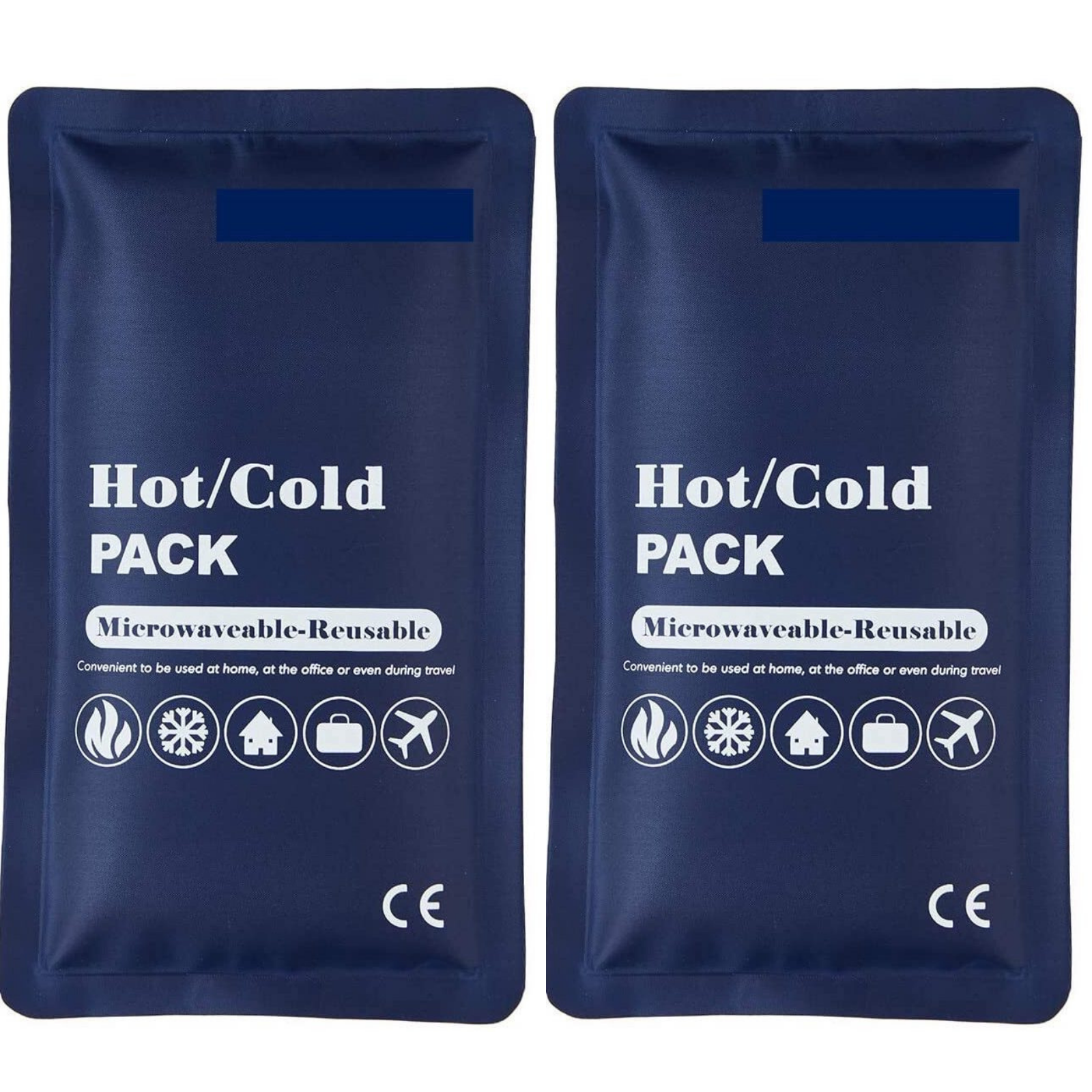 Two blue hot/cold packs with text and icons indicating they are reusable and microwaveable.
