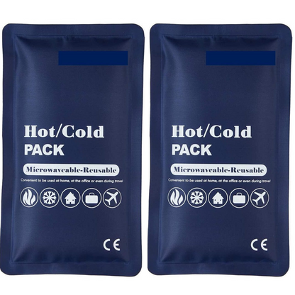 Two blue hot/cold packs with text and icons indicating they are reusable and microwaveable.