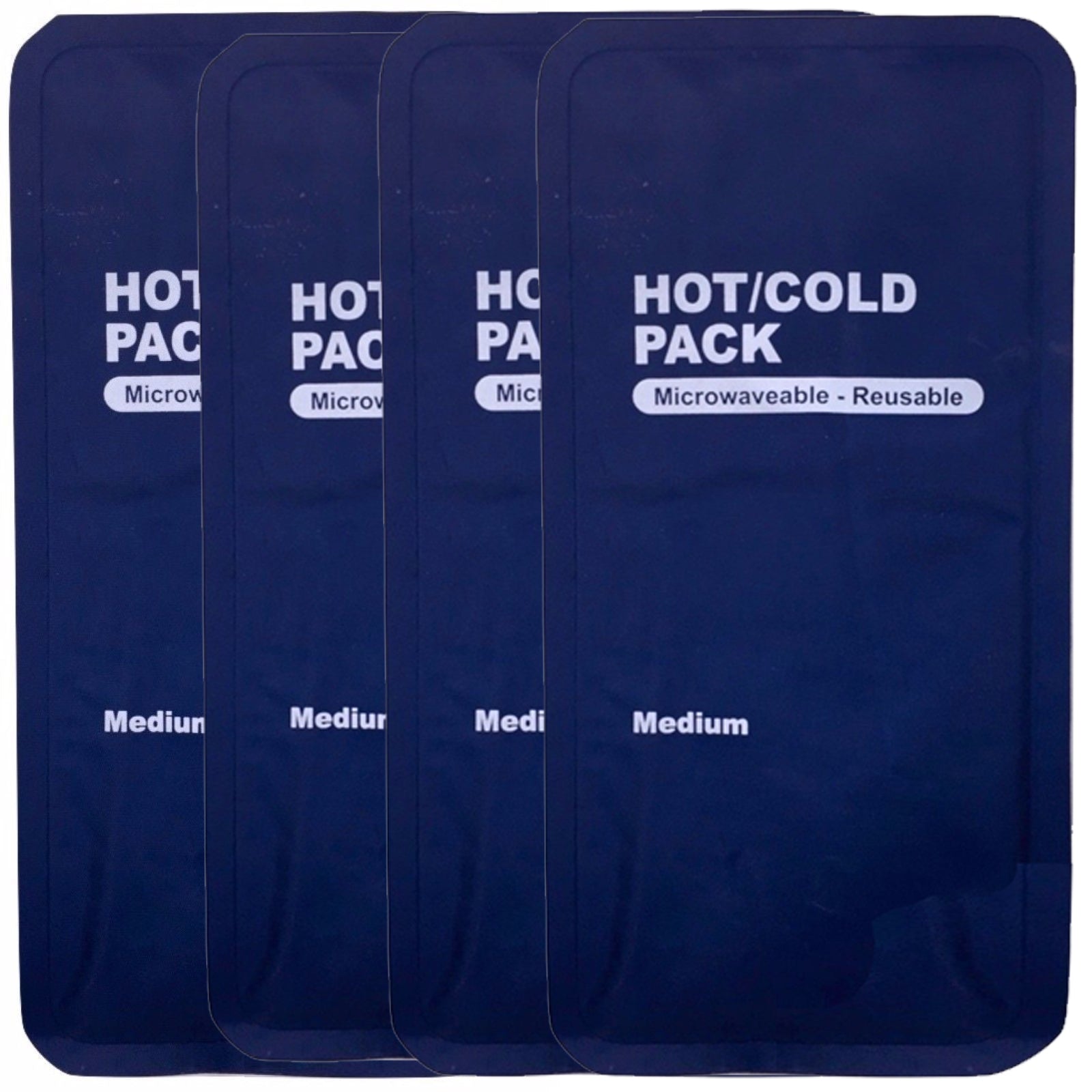 A set of four blue hot/cold packs labeled as microwaveable and reusable, with the text 'HOT/COLD PACK Microwaveable - Reusable' printed on them.