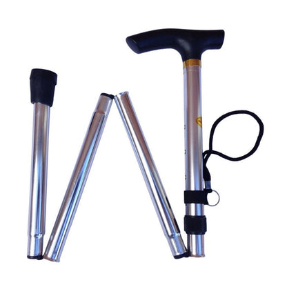 Adjustable Metal WALKING STICK Travel Cane Folding Pole Compact Retractable Hike - Silver