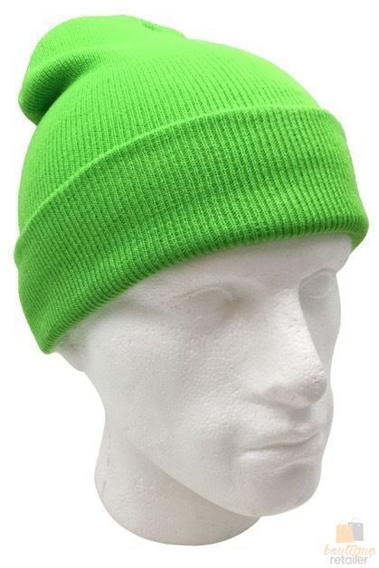 PLAIN FLURO BEANIE Hi Vis Unisex Winter Warm Hat Ski Party Costume Cap Knit - Fluro Green