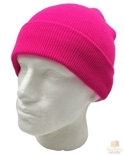 PLAIN FLURO BEANIE Hi Vis Unisex Winter Warm Hat Ski Party Costume Cap Knit - Fluro Pink