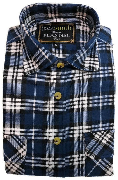 Mens Flannelette Shirt 100% Cotton Check Authentic Flannel Long Sleeve Vintage - Navy Check - S
