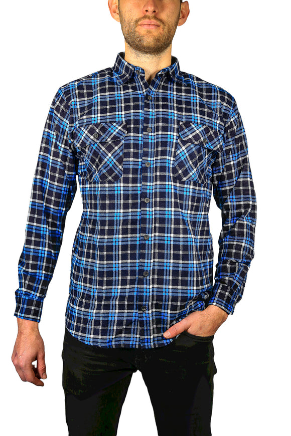 Mens Flannelette Long Sleeve Shirt 100% Cotton Check Authentic Flannel - Full Placket - Turquoise/Black - L