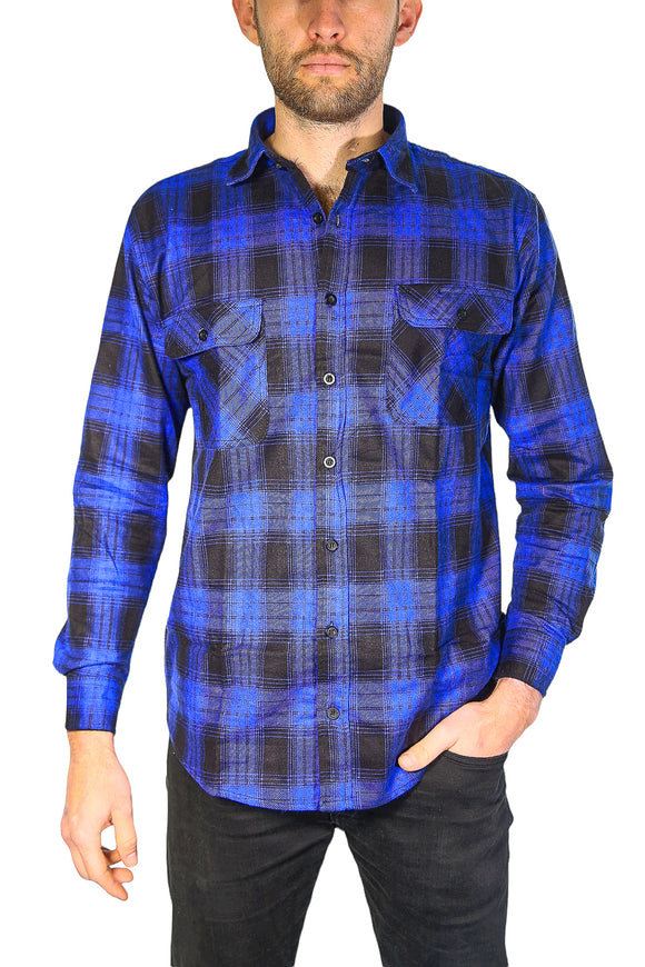 Mens Flannelette Long Sleeve Shirt 100% Cotton Check Authentic Flannel - Full Placket - Royal Blue - 3XL