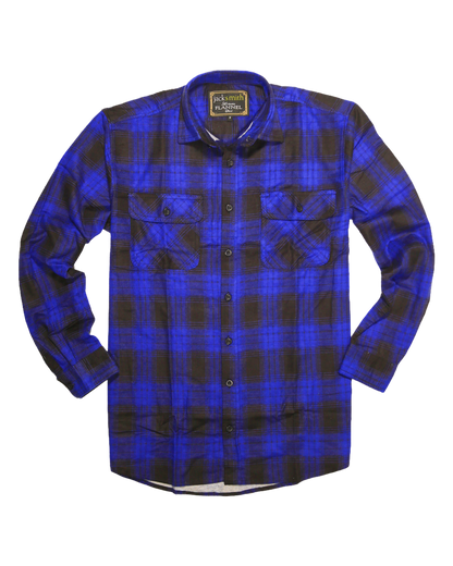Mens Flannelette Long Sleeve Shirt 100% Cotton Check Authentic Flannel - Full Placket - Royal Blue - L