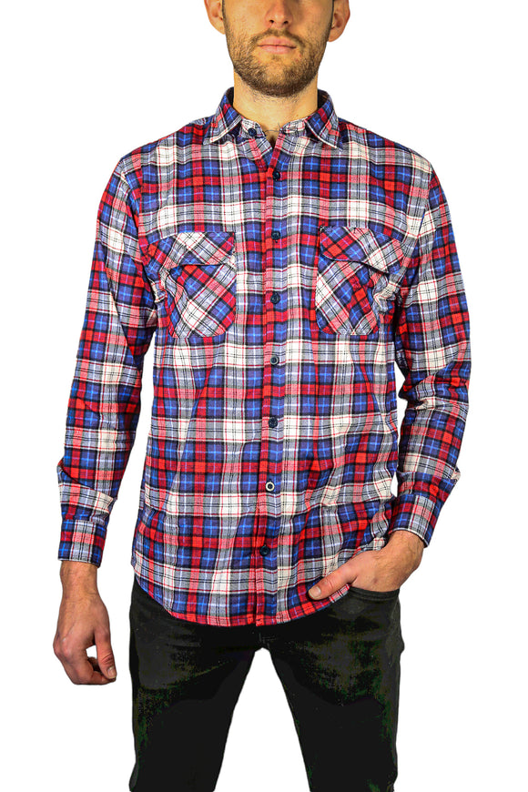Mens Flannelette Long Sleeve Shirt 100% Cotton Check Authentic Flannel - Full Placket - Navy/Red/White - L