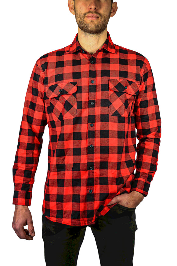 Mens 100% Cotton Flannelette Shirt Long Sleeve Check Authentic Flannel - Red/Black - L