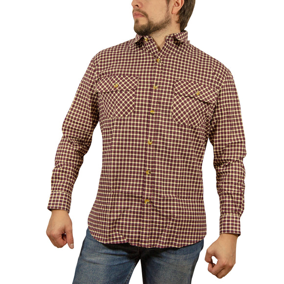 Mens Long Sleeve Flannelette Shirt 100% Cotton Flannel - Burgundy Check - M