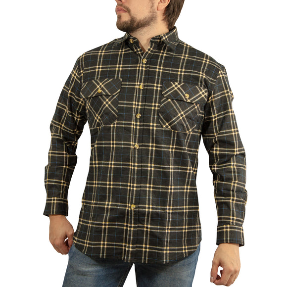 Mens Long Sleeve Flannelette Shirt 100% Cotton Flannel - Black Check - M