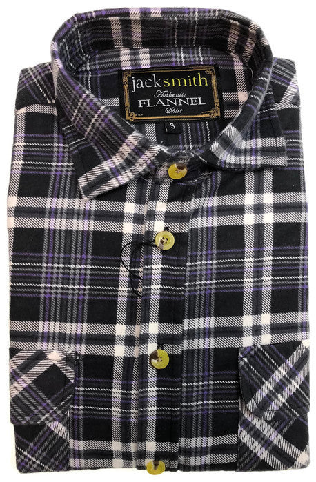 Mens Half Placket Flannelette Long Sleeve Pullover Shirt 100% Cotton Check Authentic Flannel  - Black/Purple - S