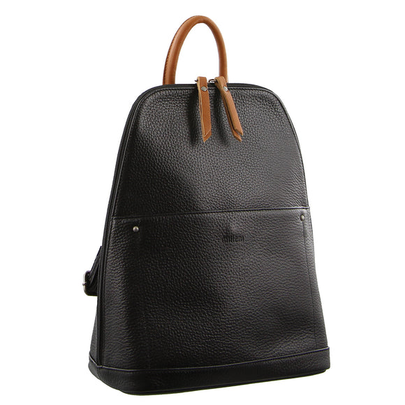 Milleni Ladies Genuine Italian Leather Backpack Bag Twin Zip - Black/Cognac