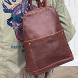 Milleni Ladies Genuine Italian Leather Backpack Bag Twin Zip - Chestnut