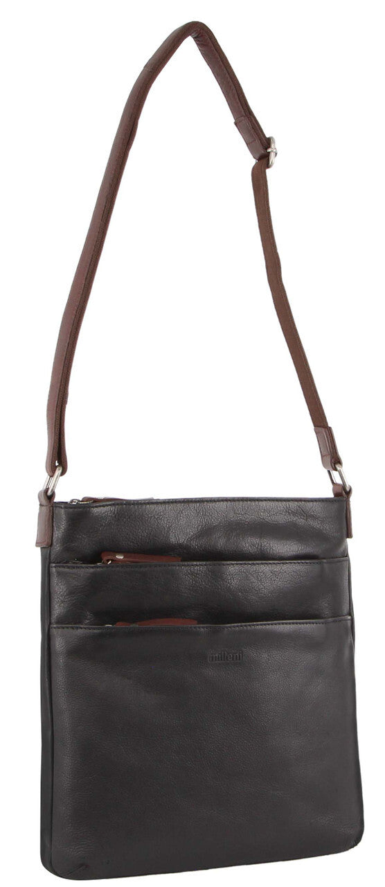 Milleni Womens Italian Leather Bag Soft Nappa Leather Cross-Body Travel - Black/Chestnut