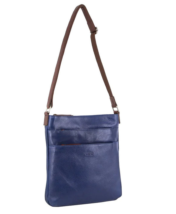 Milleni Womens Italian Leather Bag Soft Nappa Leather Cross-Body Travel - Indigo/Chestnut