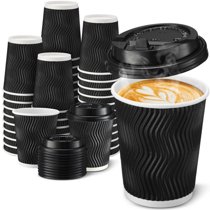 360x Triple Wall Paper Coffee Cups w/Lids (8oz) Disposable Takeaway Bulk in Black