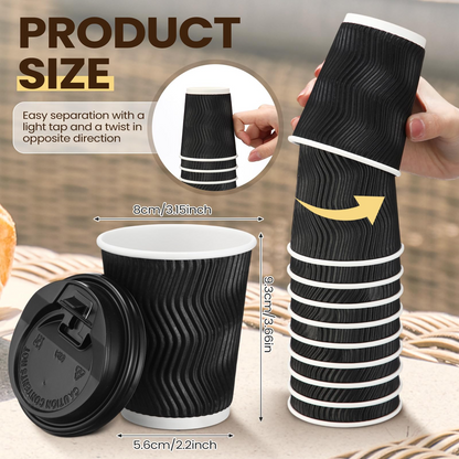 360x Triple Wall Paper Coffee Cups w/Lids (8oz) Disposable Takeaway Bulk in Black