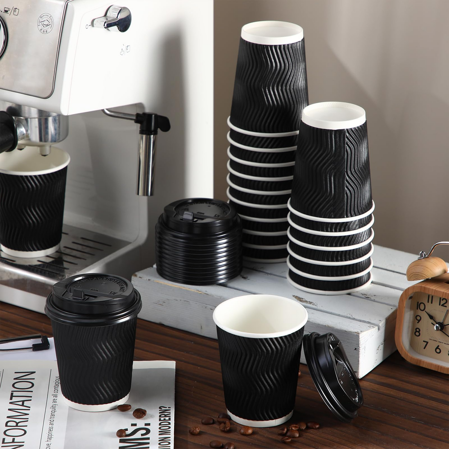 360x Triple Wall Paper Coffee Cups w/Lids (8oz) Disposable Takeaway Bulk in Black