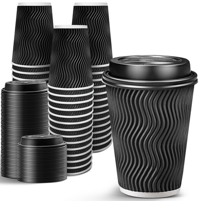 360x Triple Wall Paper Coffee Cups w/Lids (12oz) Disposable Takeaway Bulk in Black