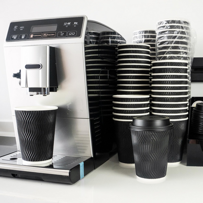 360x Triple Wall Paper Coffee Cups w/Lids (12oz) Disposable Takeaway Bulk in Black