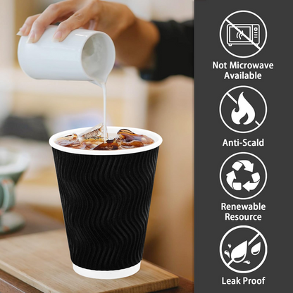 500x Triple Wall Coffee Cups (12oz) Disposable Takeaway BPA Free Paper Bulk in Black