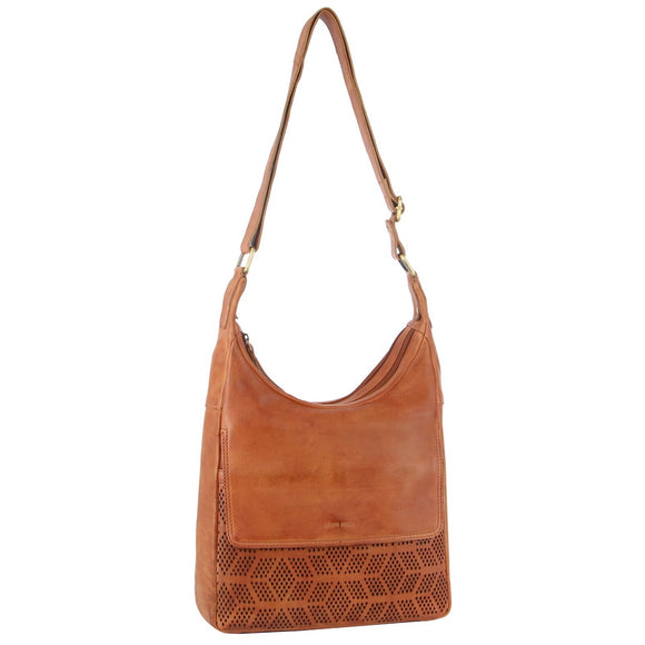 Pierre Cardin Womens Large Leather Multi Zip Perforated Cross-Body Bag - Cognac