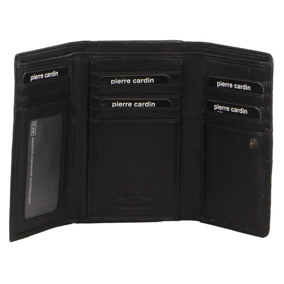 Pierre Cardin Leather Ladies Woven Design Tri-fold RFID Wallet in Black
