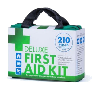 A green and white first aid kit labeled 'Deluxe First Aid Kit, 210 pieces' with various first aid items visible through the clear front panel.