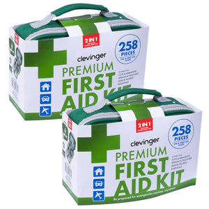 Two boxes of Clevinger Premium First Aid Kits, each containing 258 pieces, designed for emergency medical care.