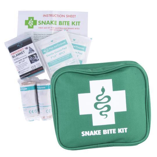 Snake Bite First Aid Kit contents displayed including elastic bandages, gauze swabs, emergency blanket, emergency instructions, marker, and carry case.