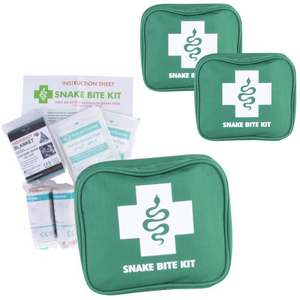 Two green Snake Bite First Aid kits with white cross and snake graphic, including various first aid items like bandages, gauze, a blanket, and instructions.