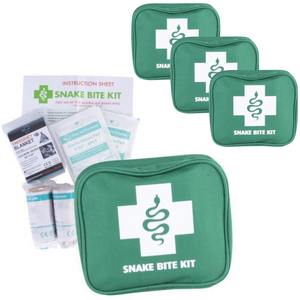 Three green snake bite first aid kits with visible contents including bandages, gauze swabs, an emergency blanket, and a marker, displayed on a white background.