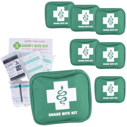 A set of six Snake Bite First Aid Kits, each containing various emergency supplies such as bandages, gauze, a blanket, and a marker, all packaged in green zip-up carry cases.