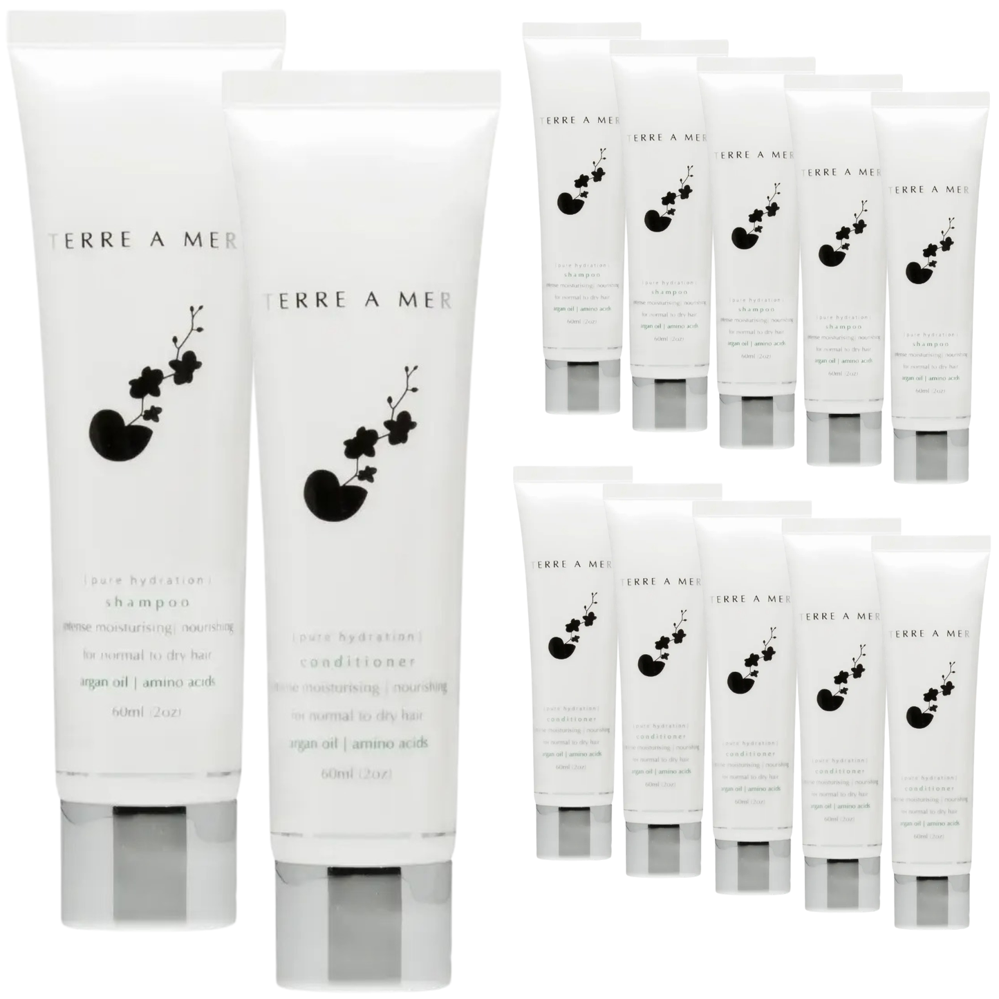 12pc Set Terre A Mer Pure Hydration Amino Acid/Argan Oil Shampoo & Conditioner  - 60ml Travel Size