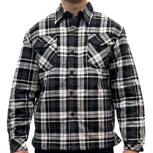 Mens QUILTED FLANNELETTE SHIRT 100% COTTON Flannel Jacket Padded Long Sleeve - Black/Charcoal/White (Quilted) - S