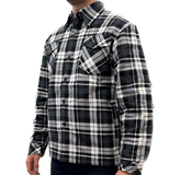 Mens QUILTED FLANNELETTE SHIRT 100% COTTON Flannel Jacket Padded Long Sleeve - Black/Charcoal/White (Quilted) - S