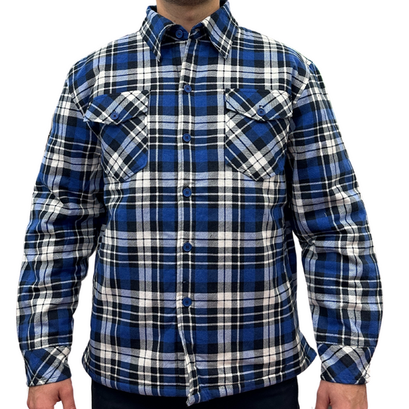 Mens QUILTED FLANNELETTE SHIRT 100% COTTON Flannel Jacket Padded Long Sleeve - Black/Navy/White (Quilted) - S