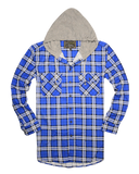 Mens Cotton Flannelette Shirt w Jersey Hood Long Sleeve Flannel - Spanish Blue - 6XL