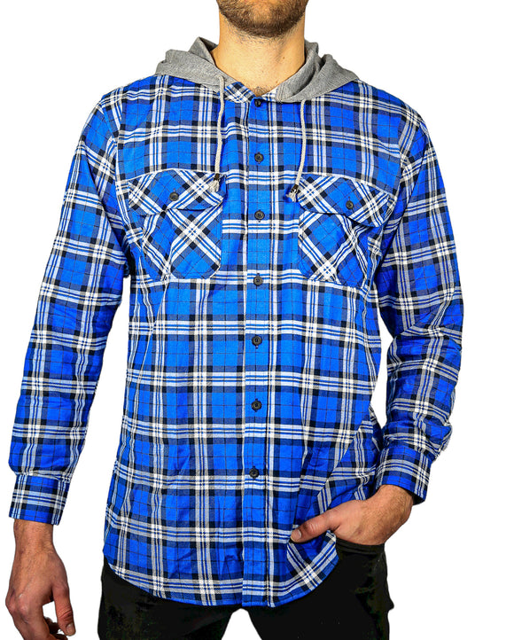 Mens Cotton Flannelette Shirt w Jersey Hood Long Sleeve Flannel - Spanish Blue - XL