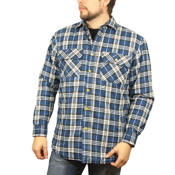 Jacksmith Quilted Flannelette Shirt Mens Jacket 100% Cotton Padded Warm Winter Flannel - Navy/Light Blue - L
