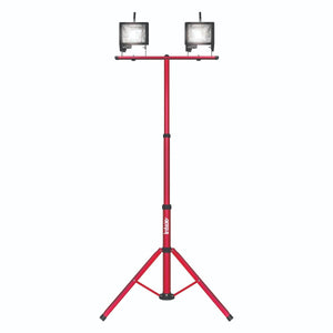 Red portable light stand with two floodlights on a white background