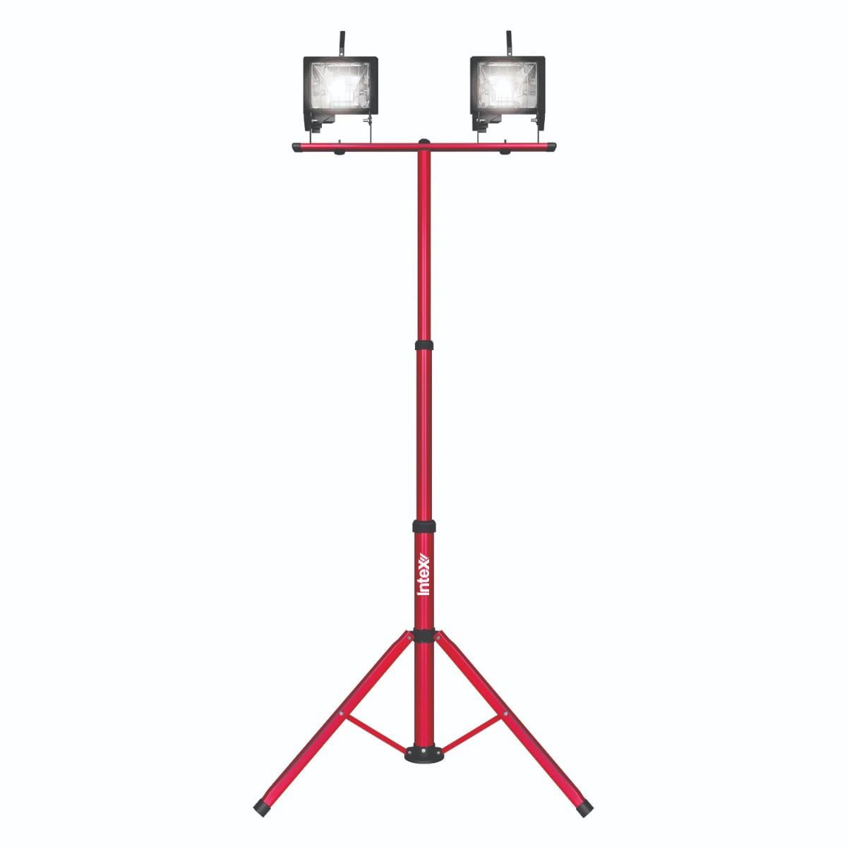 Red portable light stand with two floodlights on a white background