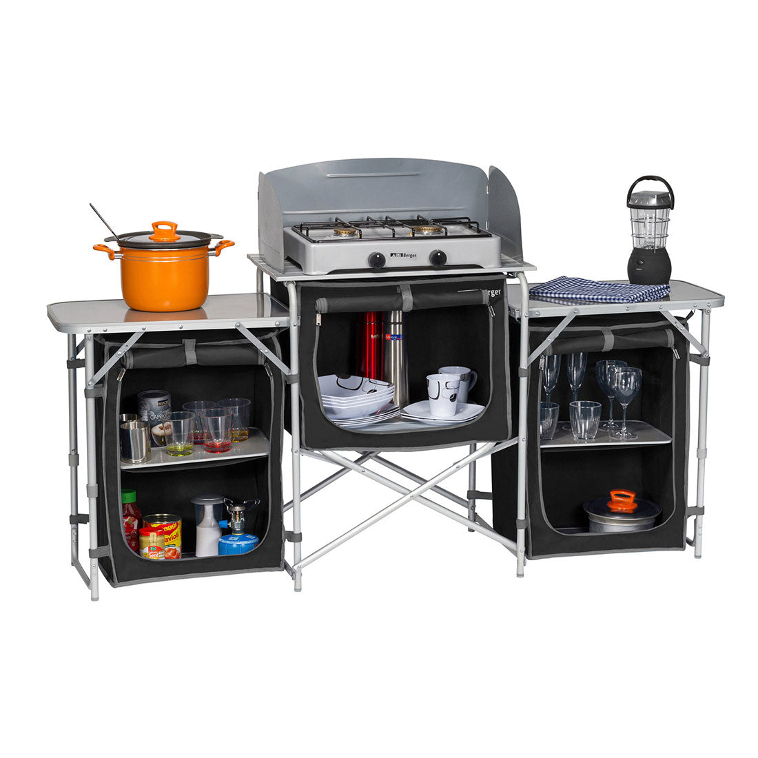 Camping Kitchen Deluxe Aluminium Foldable Camping Kitchen Picnic Cupboard Bench Table Windshield