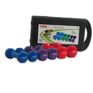 Set of colorful dumbbells with a carrying case labeled 'York Fitness' on a white background.