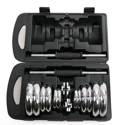 Set of dumbbells with weight plates in a black carrying case on a white background