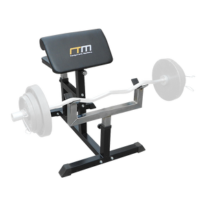 A black and gray curl bench with weights, designed for arm exercises with an adjustable pad and a barbell positioned on top.